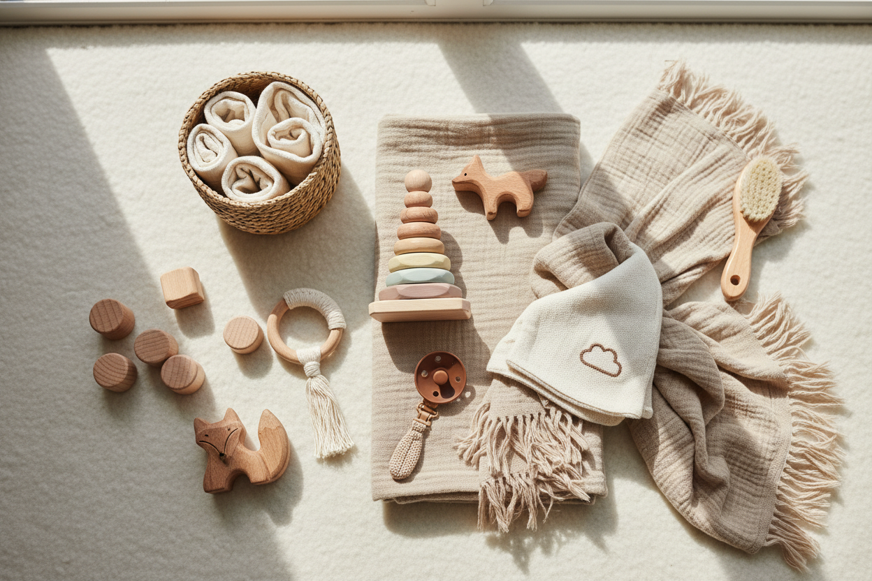 This is a high-quality, flat-lay style photograph showcasing a collection of natural and minimalist baby accessories.

Theme: Natural Baby Essentials / Minimalist Nursery. The image evokes a sense of calmness, comfort, and organic living.

Color Palette (Colours): Soft neutrals and earthy tones.

Dominant Colours: Cream, beige, tan, and white.

Accent Colours: Soft pastels (dusty rose, sage green, pale yellow) found in the stacking toy, and darker brown in the wooden items and pacifier.

Tones: Bright, soft